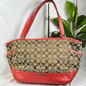 COACH Pink Signature Monogram Carrie Tote Silver Hardware Leather and Canvas